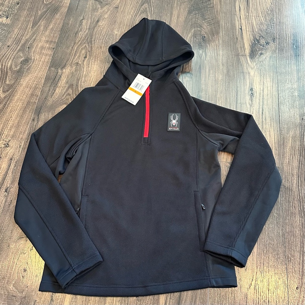 NWT Men's Spyder Black Red Polar Hooded Pullover SPFFD083-001, Size: S Small
